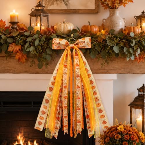 23.6in Fall Pumpkin Door Bow Sunflower Ribbon Swag Wreath Decor