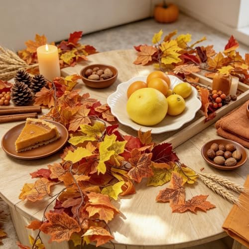 CQURE 10 Pack Fall Leaf Garland, Hanging Vines Garland Artificial Fall Maple LeavesThanksgiving Decor for Home Wedding Fireplace Party