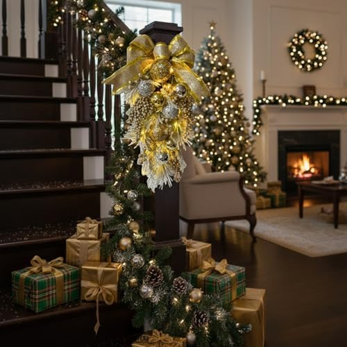 24 Inch Lighted Christmas Teardrop Wreath with Timer and Ornaments