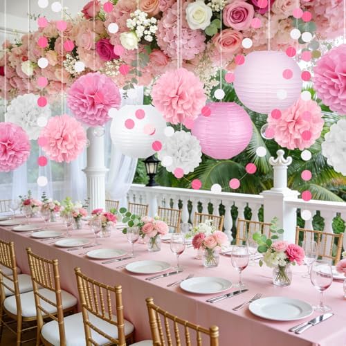 14 Pcs Pink Party Decorations, Paper Pom Poms Lanterns Garland, 8/10 Inch