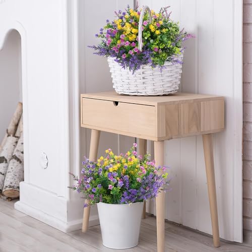 Hananona 48 Pcs Artificial Flowers Outdoor, Faux Artificial Plants UV Resistant Plastic Flower Bulk for Hanging Planter Porch Window Home Spring Summer Decor (48, Fuchsia, Purple, Yellow, Green)