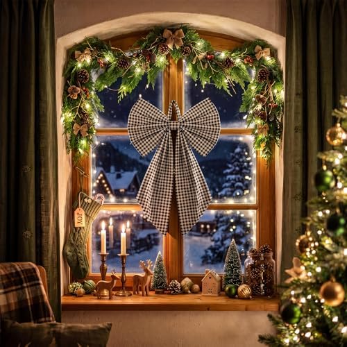 Suncalla 2 Pcs Black White Christmas Gingham Wreath Bows 18'' x 12''