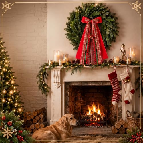 Riceshoot Wreath Ribbons for Front Door, Red Green Plaid Bow with Clip