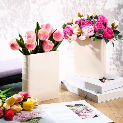 Vesici 2 Pcs Ceramic Book Shape Vase for Flowers Gifts for Bookshelf,White