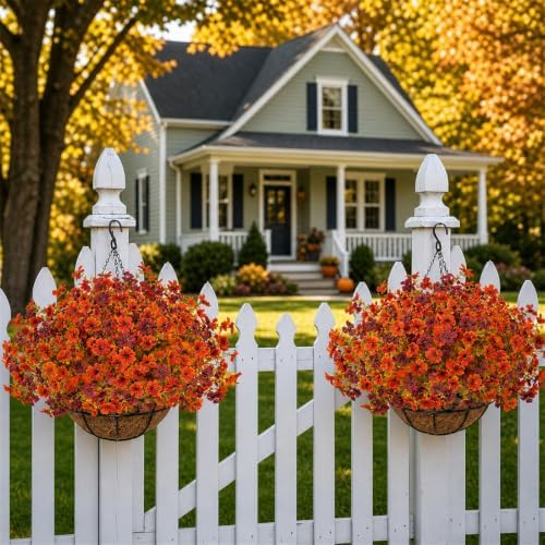 2 Set Artfiticial Fall Hanging Baskets Outdoor,Autumn Porch Decor,Red