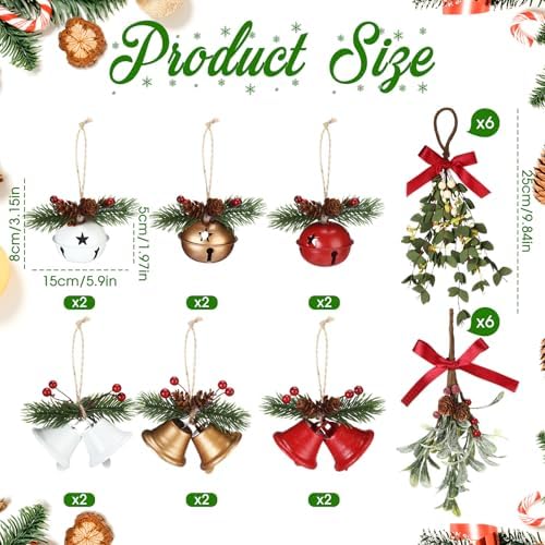 HyDren 24 Pcs Large Christmas Mistletoe Decor with Christmas Bells Ornament