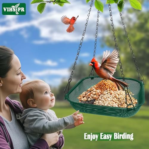 Hanging Platform Bird Feeder for Outdoors, 11 in Square Tray, Green