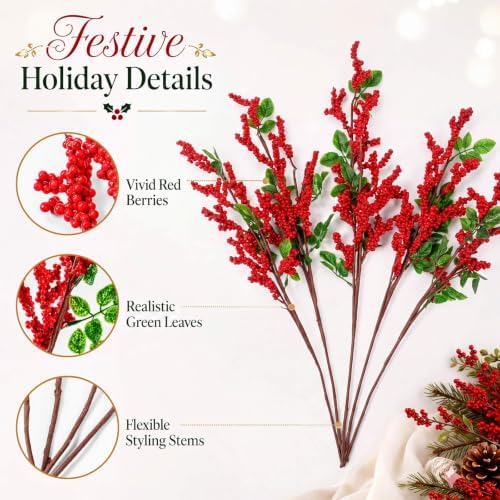 Yinder 6 Pcs 22 Inch Christmas Artificial Red Berry Stems
