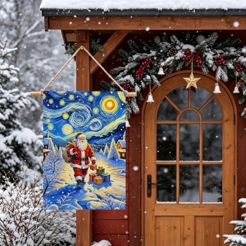 Christmas House Flag Santa Claus Winter Village Xmas Garden Flag Snowy Merry Christmas Night Starry Sky Van Gogh Yard Banner Double Sided for Farmhouse Seasonal Porch Decor 28 x 40 Inch
