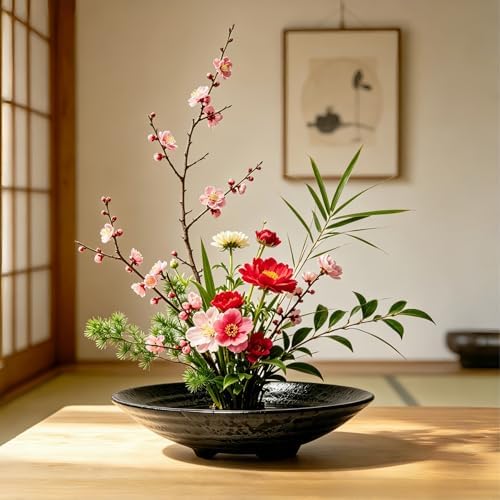 6.7inch Japanese Ikebana Vase Kit Floral Frog Bowl Flower Container with Kenzan - 1.57inch Black Flower Frog, 6.7inch Bowl Vase