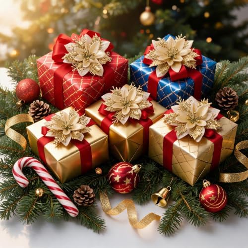 15PCS Artificial Christmas Poinsettia Flowers with Clips and Stems, 5.5 Inch Glitter Gold Xmas Tree Decorations, Holiday Poinsettia Picks Ornaments for Christmas Tree, Wreaths, Garlands & Home