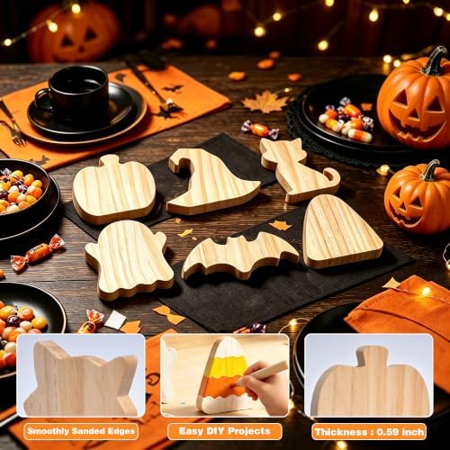 Halloween Wood Craft Kit, 6 DIY Paintable Wooden Ornaments for Tabletop