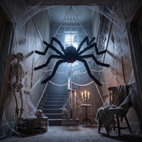 Land Guard 236'' Big Spider Web Halloween Decor+70'' Huge Spider for Roof with Triangular Big Web for on House Outside and Inside