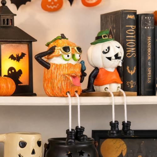 XJar Set of 2 Shelf Sitter Figurine, Halloween Pumpkins with Dangling Legs