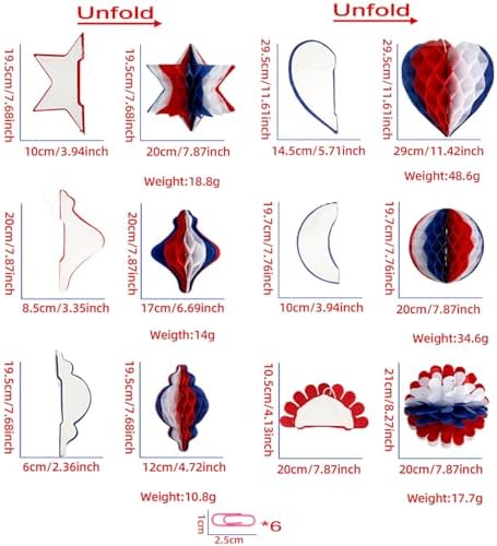 4th of July Decor - Independence Day Honeycomb Pendant Decor Red Blue and White Paper Fans Poms for Fourth of July Patriotic Decorations Wedding Graduation Independence Day 6 Count