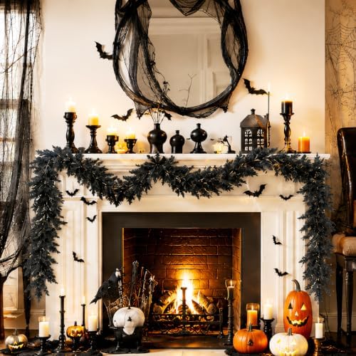 6FT Black Halloween Garland, Spooky Cedar Hanging Vine with Spiders and Web