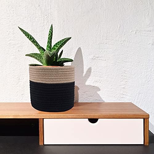 Woven Cotton Rope Plant Basket for 6" Pot H6 3/4" x W6 1/2" Black&Brown