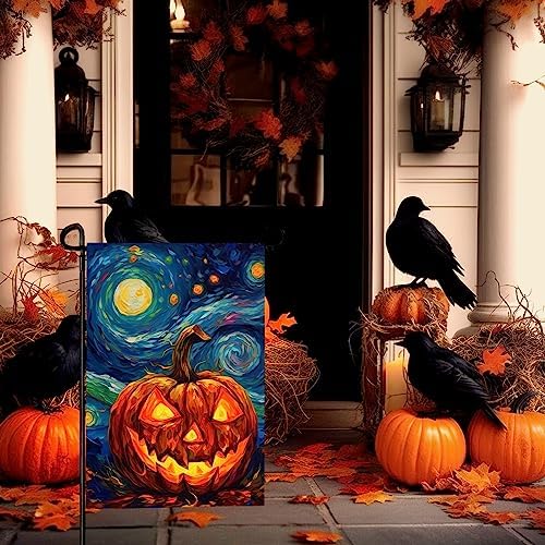Halloween Garden Flag Pumpkin Garden Flag Van Gogh Garden Flags Arts Starry Night Sky Moon Yard Flag Double Sided Fall Porch Patio Farmhouse Outdoor Yard Decorative 12 x 18 Inch