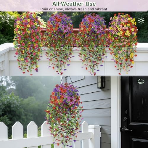 Alupssuc 4PCS Artificial Hanging Flowers UV Resistant Silk Daisy, 4 Colors