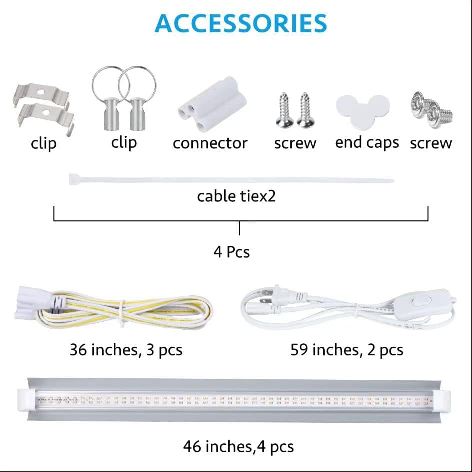 Grow Light for Indoor Plants,4ft T8, 180W(4 x 45W, 1080W Equivalent), Super Bright, Full Spectrum Sunlight Plant Light