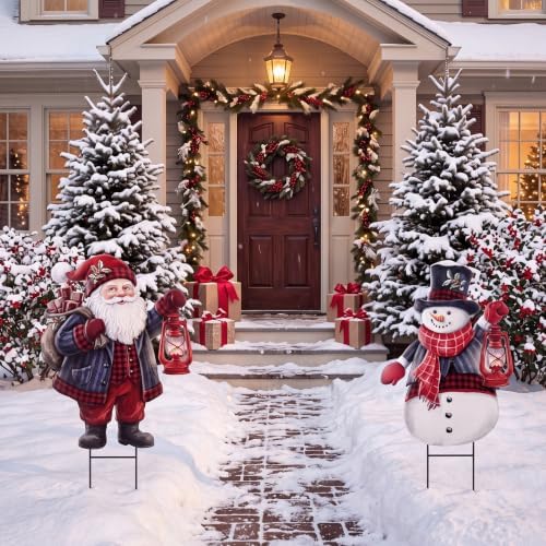 Hotop 2 Pcs Metal Christmas Yard Stakes Decorative Santa Claus Snowman Yard Sign Stake 20.47 Inches Xmas Garden Signs Christmas Outdoor Decorations for Outside Xmas Garden Holiday Party