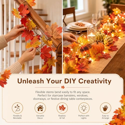 Maple Leaf Garland, 2 Pack Artificial Fall Leaves Garland 5.9Ft/Pieces Fall Decor Autumn Thanksgiving Decor