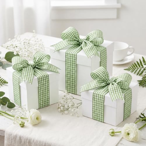KINGLAKE Sage Green Gingham Ribbon - 1'' x 25 Yds Moss Green Plaid Ribbon