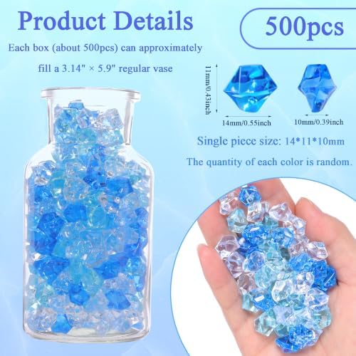 YATOJUZI 500PCS Acrylic Vase Filler Gradient Blue Decorations Bright Blue Fake Ice Cubes Crushed Rocks Plastic Diamonds Gems for DIY Party Centerpiece Table Scatter Display 0.5"