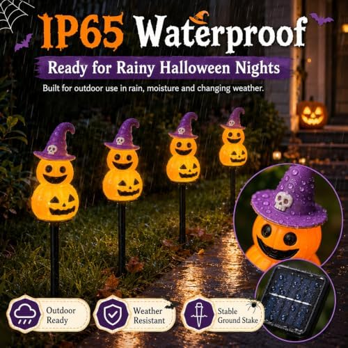 Halloween Decorations Solar Garden Lights, 4pcs Magic Hat Pumpkin Path Lights with 8 Lighting Modes, Waterproof Yard Light, LED Santa Claus Gift for Yard Path Decor (Orange - Pumpkin)
