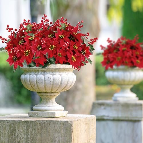 Sggvecsy Artificial Poinsettia Bouquet 17’’ Poinsettia Bush Christmas Flowers Holly Berry Stems with Red Berries Holly Leaves for Home Porch Garden Indoor Outdoor Holiday Xmas Decorations (Pack of 6)