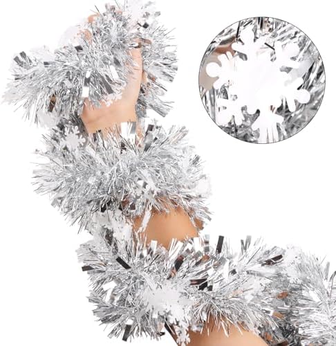 FOIMAS 33 Feet Christmas Tinsel Garland, Metallic Silver Christmas Snowflake Hanging Garland for Xmas Tree Fireplace Home Decoration (Silver)