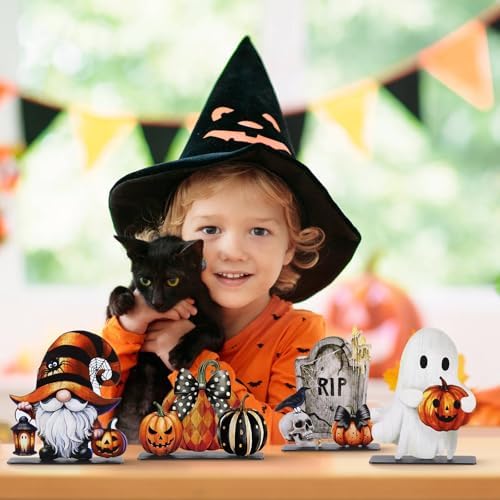 Yalikop 6 Pcs Wooden Halloween Table Top Decorations Retro Halloween Decor