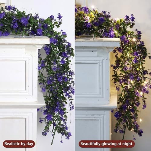 RECUTMS Faux Lighted Mantle Garland Purple Artificial Hanging Greenery 3Pcs