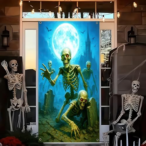 BlissYard Halloween Skeleton Graveyard Door Cover 35x71 Inch Polyester