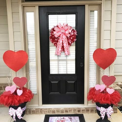 TONIFUL Valentine Tree Topper Bow with Pink Love Heart Valentines Burlap Wreath Bow for Front Door Home Decor Wedding Anniversary Proposal Party Decor(11" x 20"