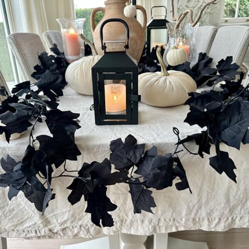 CQURE Black Maple Leaf Garland, 2PCS Halloween Garland Maple Leaves Fall Leaves Hanging Vines Halloween Thanksgiving Decor for Home Table Front Porch