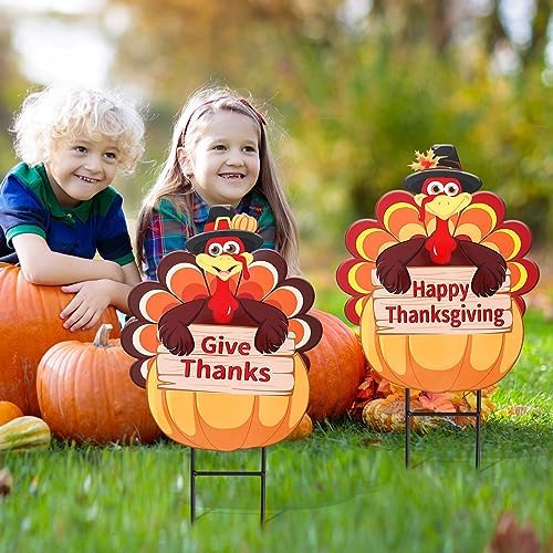 Whaline 2 Pack Fall Thanksgiving Metal Decorative Garden Stake Turkey Pumpkin Welcome Harvest Yard Sign Waterproof for Home Garden Yard Lawn Patio Backyard Walkway Decorations