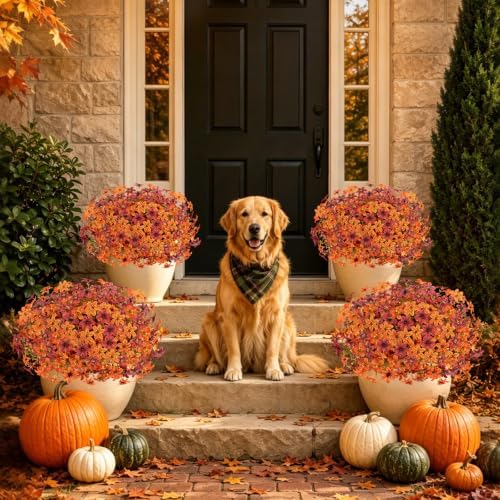12 Pcs Artificial Fall Flowers for Outdoors, UV Resistant Fake Mums Porch