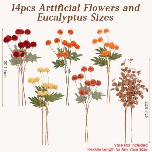 14Pcs Fall Flowers Artificial Fake Silk Pompom Mum with Eucalyptus for Vase