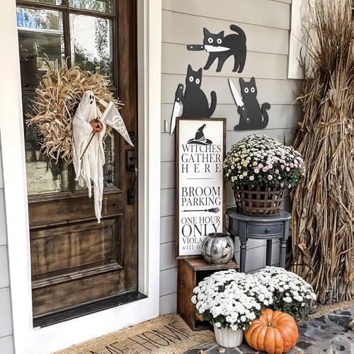 Dripykiaa Funny Black Cat Halloween Wall Decor Set, 3 Pcs Wooden Cats