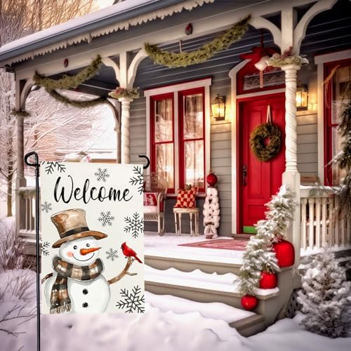 Winter Snowman Welcome Garden Flags Double Sided 12 x 18 inch Snowflakes Yard Flags Snow Burlap Garden Flag for Outside Yard Garden Porch Lawn Farmhouse Decoration