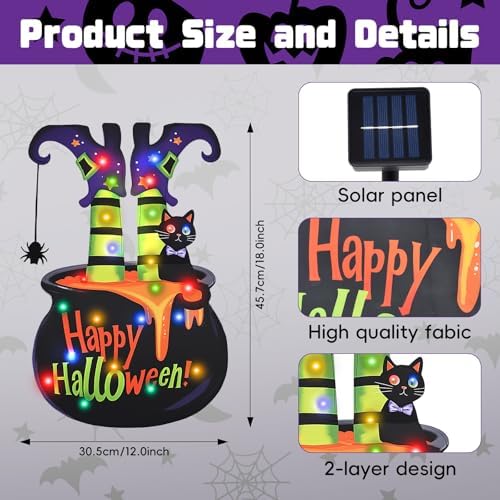 Halloween Lighted Garden Flag 12"x18" – Witch Legs in Cauldron Shape with LED Lights, 8 Lighting Modes, Double Sided Yard Decoration with Solar Panel and Stake for Outdoor Lawn Porch