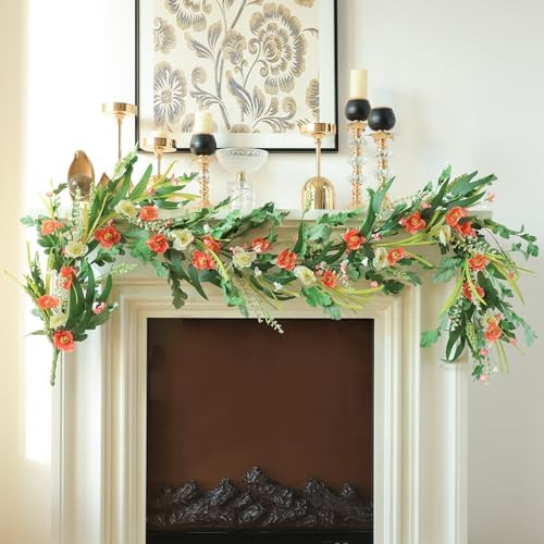 Mizii Red Artificial Flower Garland 6FT Fake Poppy Floral Garland Hanging Vines Spring Summer Flowers Decorations for Mantle Table Centerpieces Room Wall Fireplace Wedding Decor (Red)
