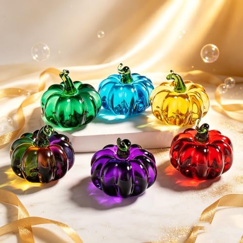 6 Pcs Mini Blown Glass Pumpkin Figurines Thanksgiving Fall Halloween Decor