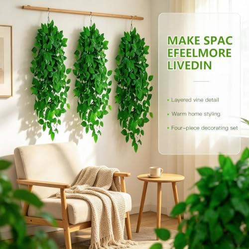 Artificial Hanging Plants, 4pcs Fake Pothos Vine Greenery for Wall Decor - Indoor Outdoor Home Living Room Hanging Decor, No Basket Included