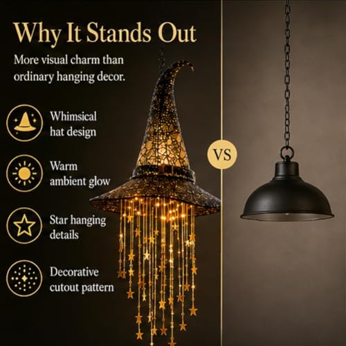 Lighted Witch Hat Hanging Chime, Halloween Outdoor Ornament, Glowing Mesh Cascading Stars, Black Frame Decoration, Party Decor, Flying, LED Lighted Window Tree Displays(3pcs)