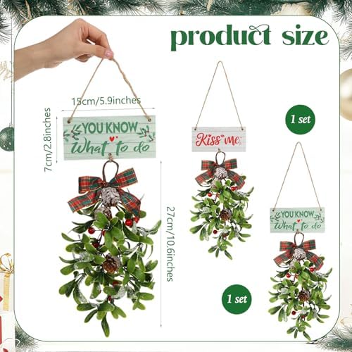 AceOrbit 2 Set 13.4'' Large Christmas Mistletoe Decor Wooden Sign for Christmas Kiss Ornament You Know What to Do Giant Artificial Mistletoe Hanging for Home Xmas Holiday Farmhouse Decoration