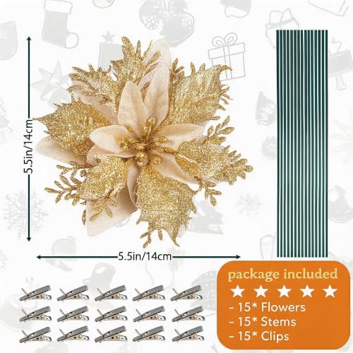 15PCS Artificial Christmas Poinsettia Flowers with Clips and Stems, 5.5 Inch Glitter Gold Xmas Tree Decorations, Holiday Poinsettia Picks Ornaments for Christmas Tree, Wreaths, Garlands & Home