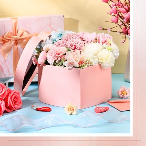 Nuenen Heart Gift Boxes for Her Him with Lid & Floral Foam Set, Grad Flower Gift Box with Clear Cellophane 9.8 x 9 x 5 Inches for Wedding Bridesmaid Birthday(Pink)