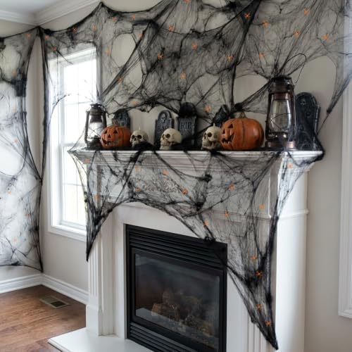 1100 Sqft Black Halloween Spider Web Decor with 60 Fake Spiders 12 Bats